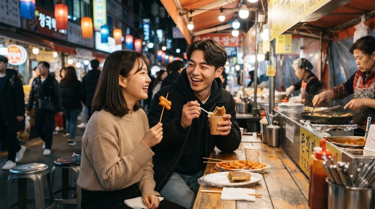 韓国の屋台で友人と楽しそうに料理を味わい会話する様子