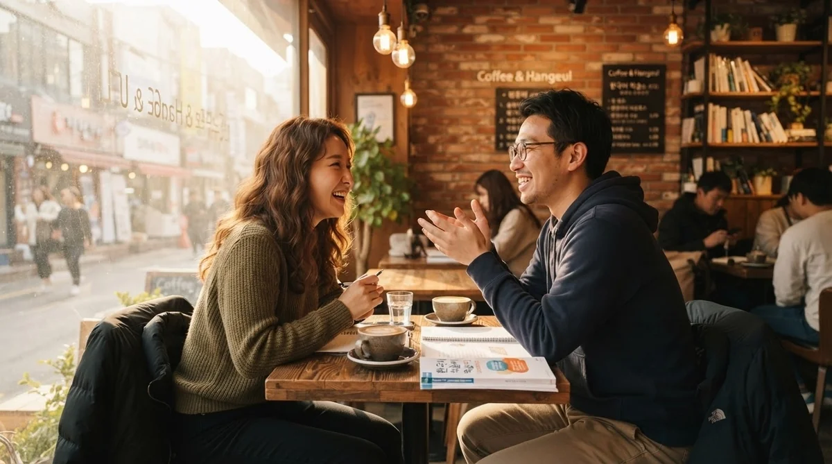 カフェで自然に会話を楽しむ韓国人と日本人の学習者