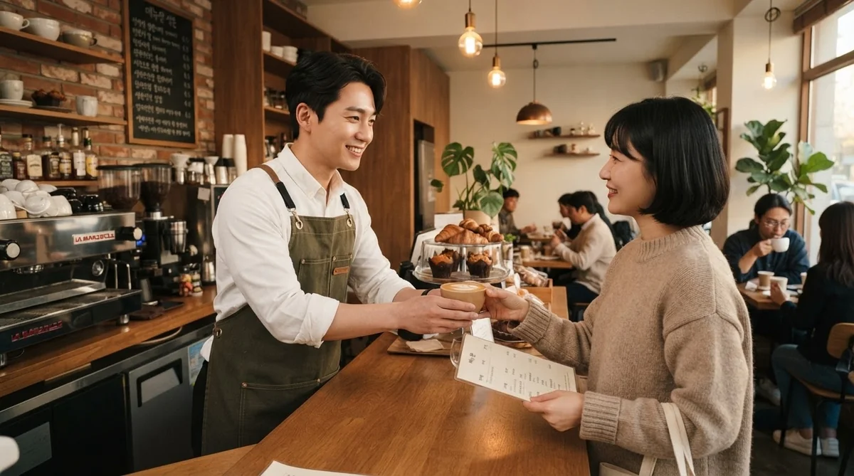 カフェのカウンターでメニューを選びながら会話をする様子