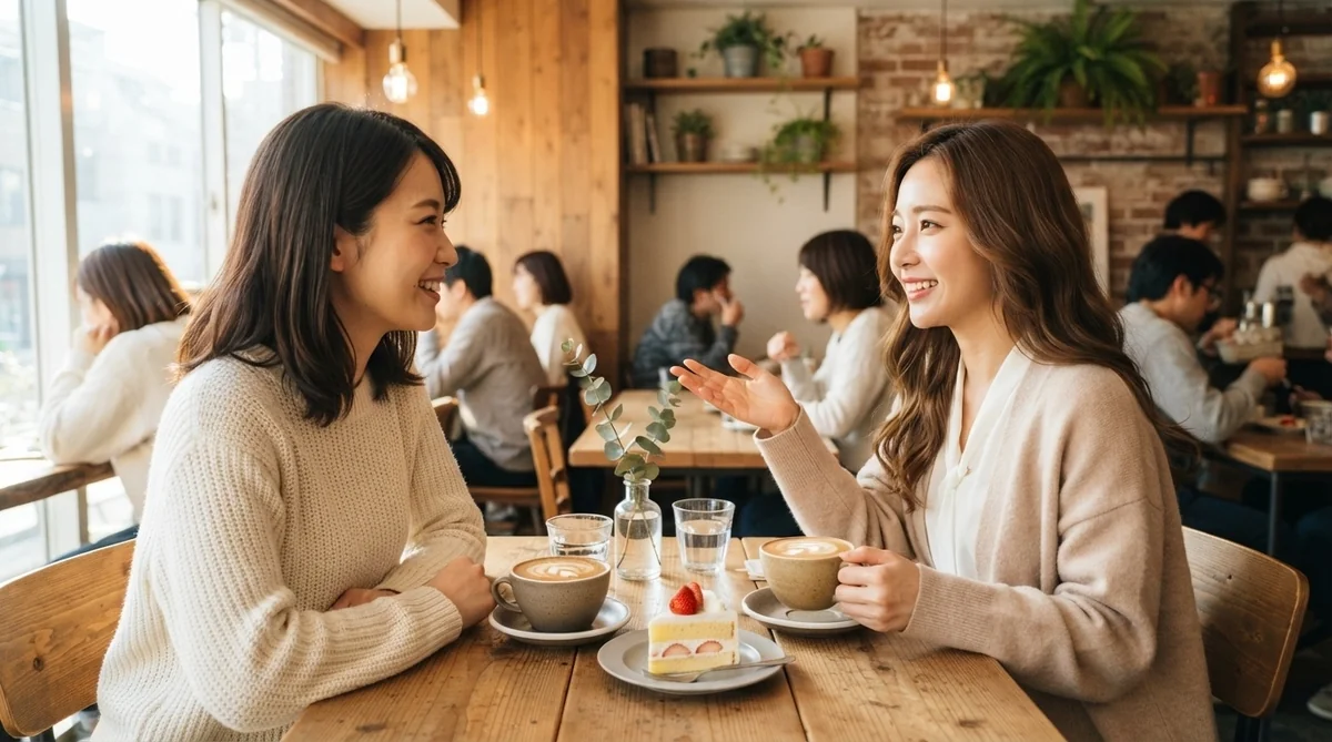 カフェで自然な韓国語会話を楽しむ2人の女性