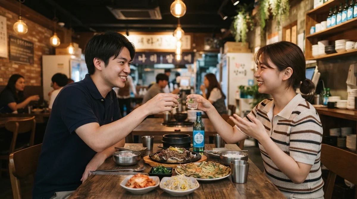 和やかに会話しながらグラスを合わせる食事の風景