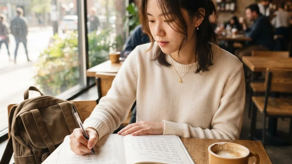 カフェの木製デスクでノートとスマートフォンを使って韓国語を勉強している様子