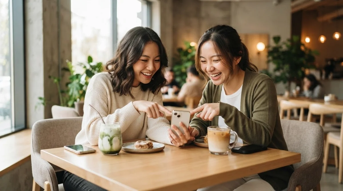 カフェでスマートフォンの画面を見ながら楽しそうに会話する2人の友人