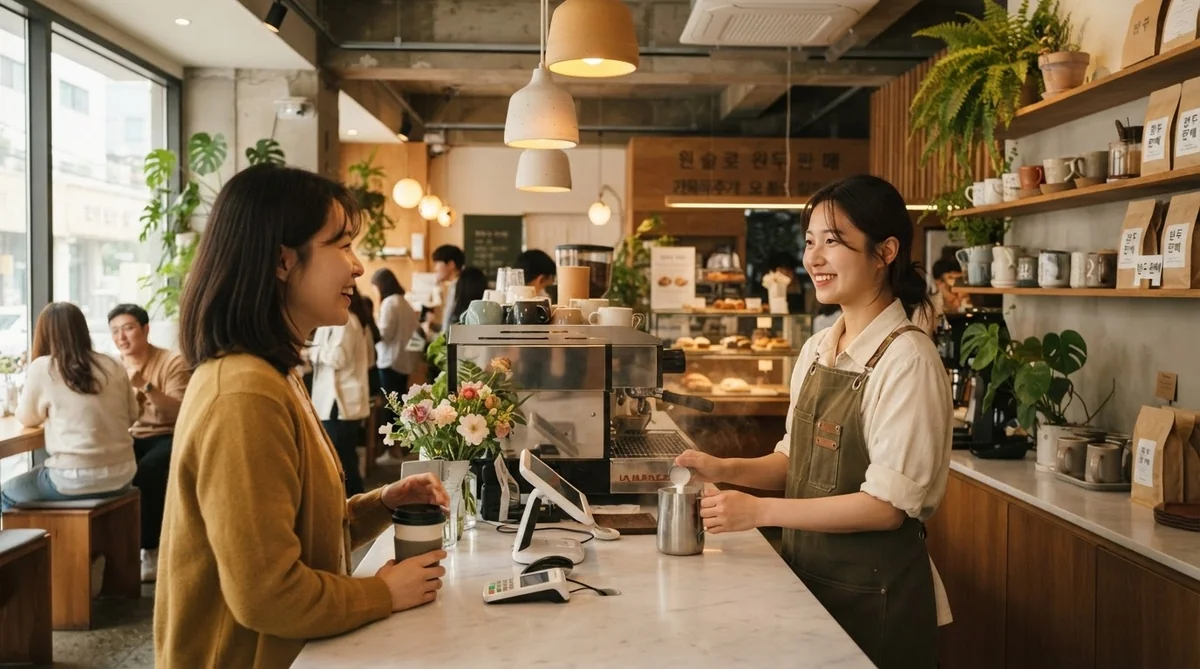 ソウルのカフェで笑顔で接客するバリスタと客の会話シーン
