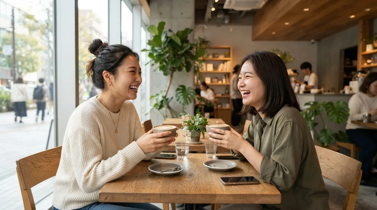 カフェで和やかに会話を楽しむ韓国語学習者の様子