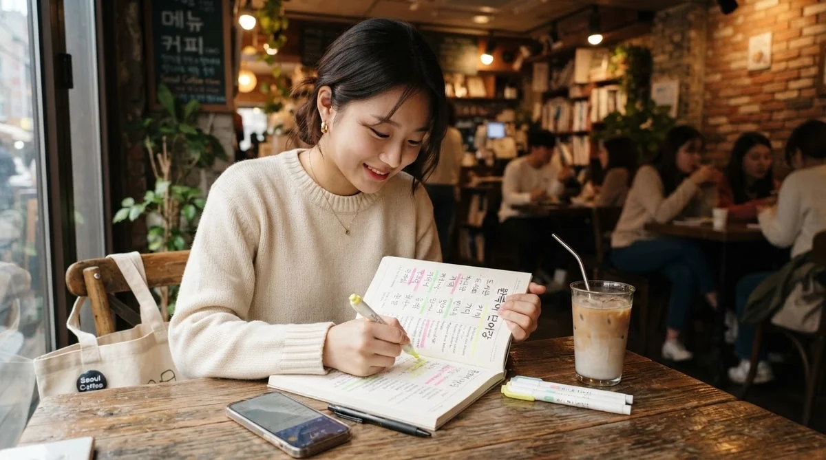 カフェでノートを開いて韓国語の勉強をしている女性学習者