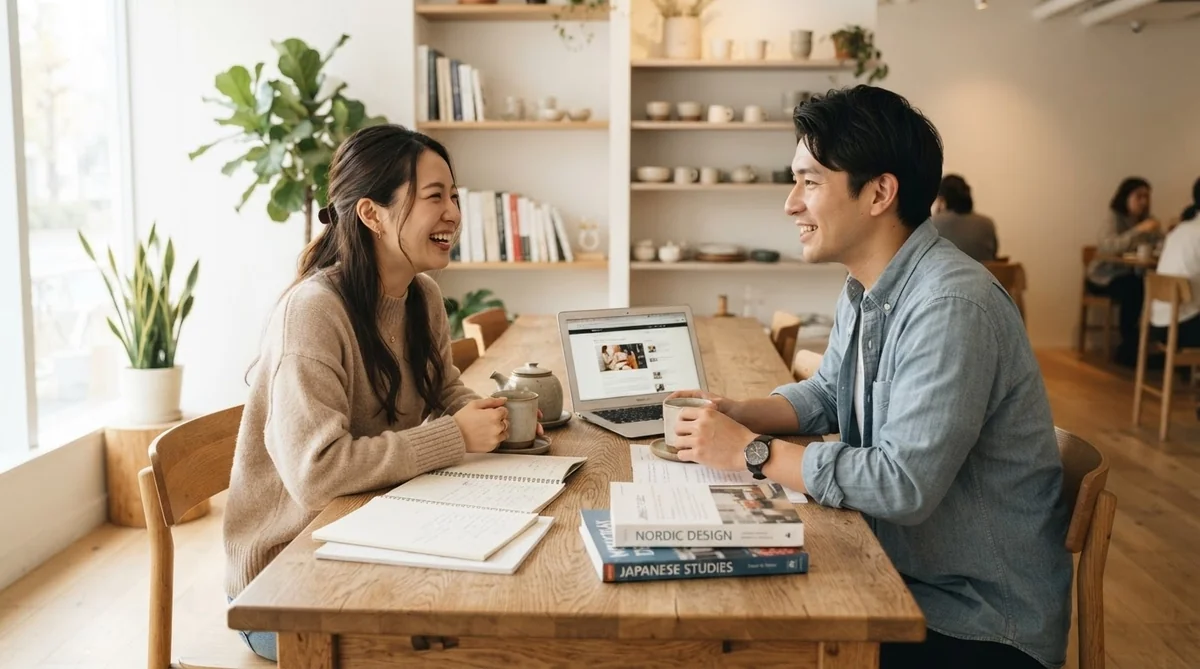 カフェでテーブルを挟んで和やかに日常会話を楽しむ東アジア系の男女