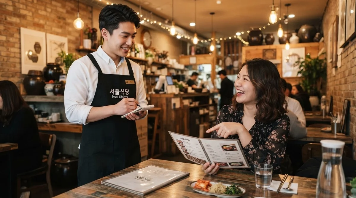 韓国の飲食店で店員に疑問詞を使って注文する風景