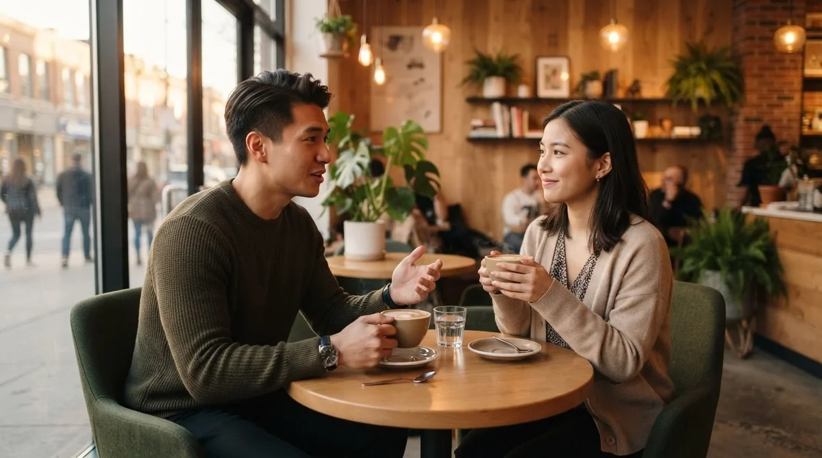 カフェで日常のハプニングや予想外の出来事について会話をしている様子
