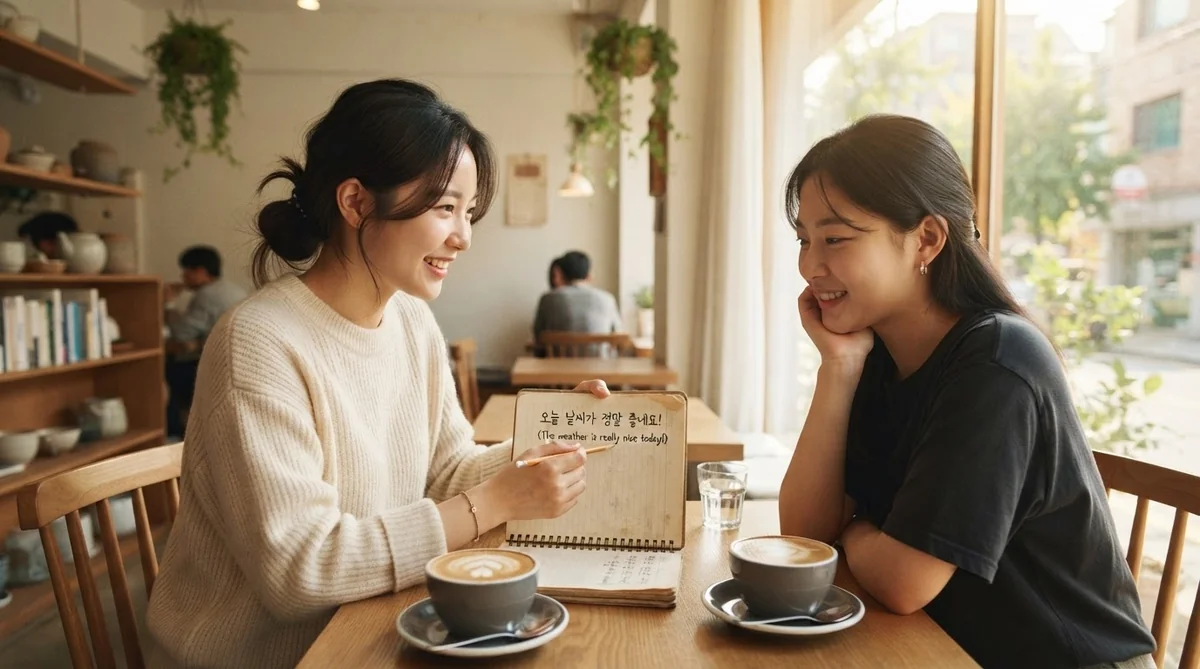 カフェで友人とノートを開きながら自然な韓国語会話のフレーズを練習している風景