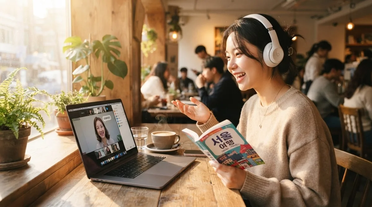 カフェでオンライン受講しながら会話の練習をする学習者
