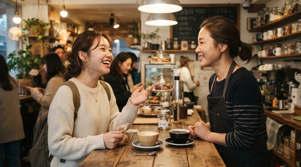 カフェで友人と自然な表情で話し込む韓国語学習者