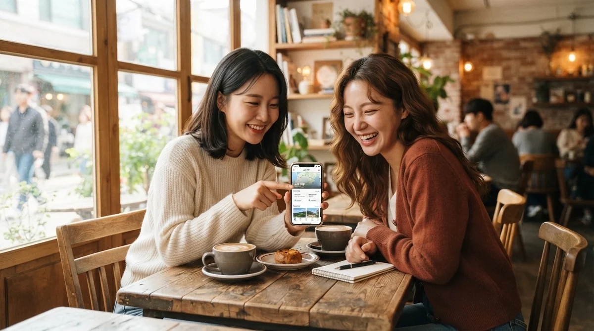 カフェでスマートフォンの画面を見ながら旅行計画を話す女性たち