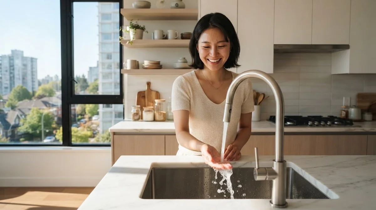 韓国の賃貸物件でキッチンの水圧をテストして確認する様子