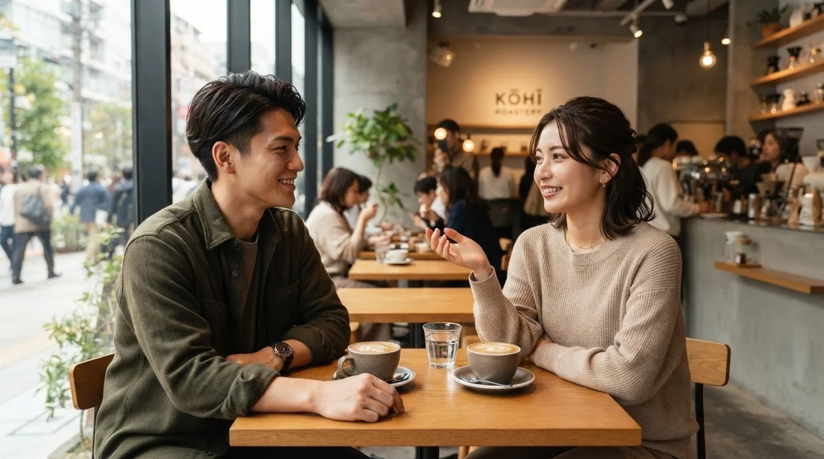 カフェで楽しく会話をする男女