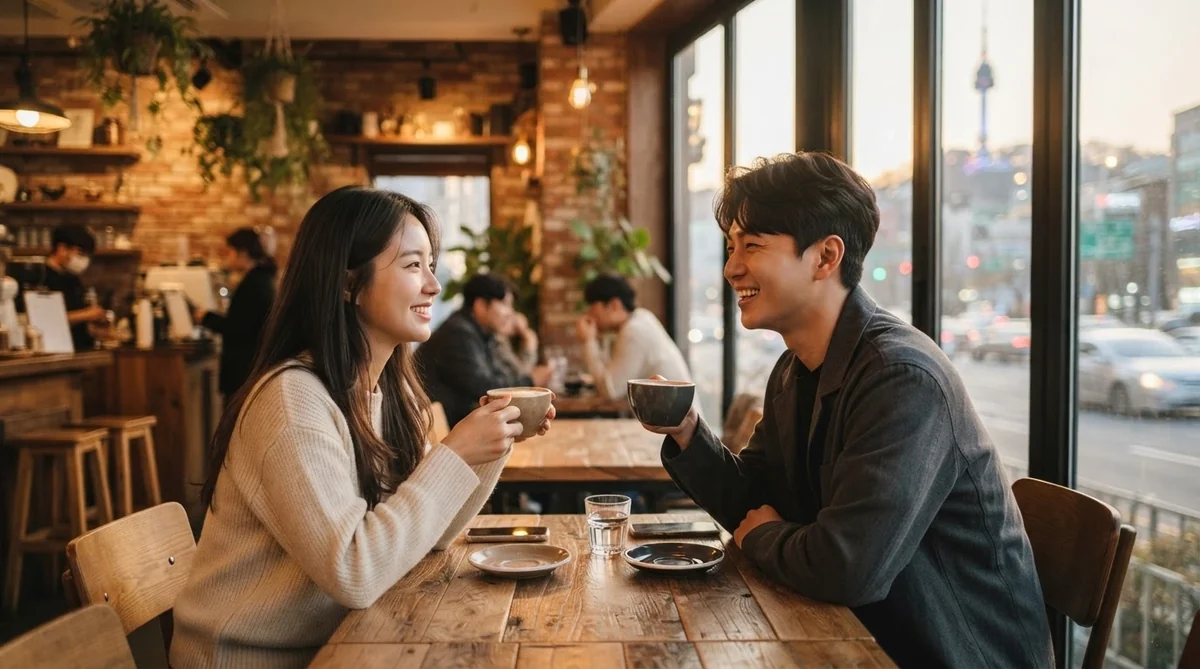 カフェで仲良く話す韓国の若者たち