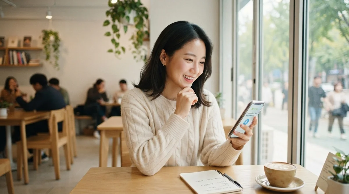 カフェでスマートフォンの画面を見ながら韓国語の発音練習をする女性