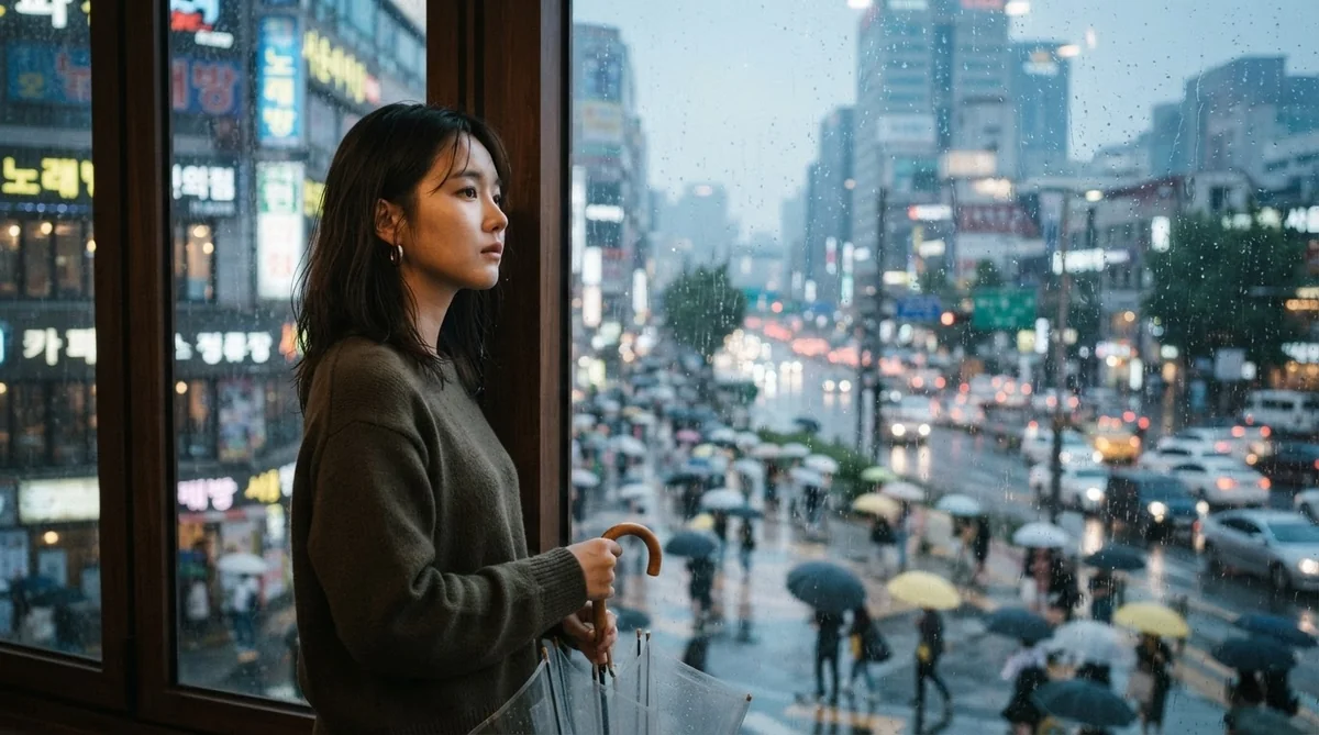 傘を持ってソウルの雨の街並みを静かに眺める若い韓国人女性