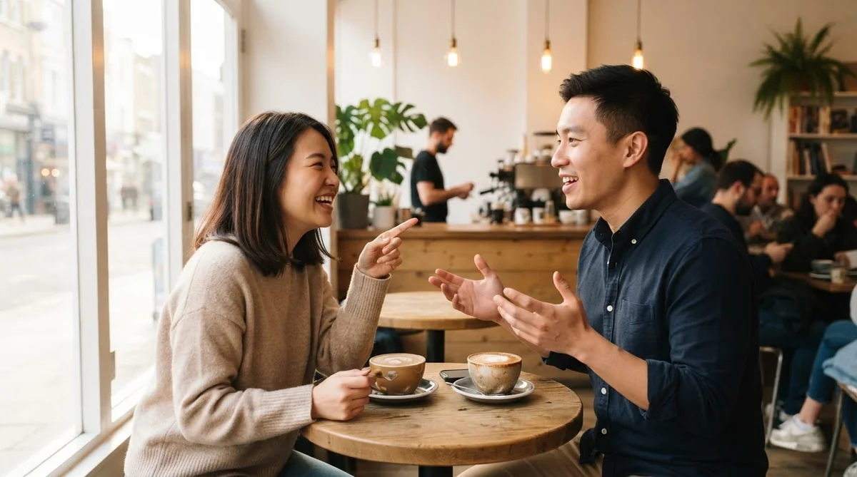カフェで身振り手振りを交えて楽しく会話する2人の様子