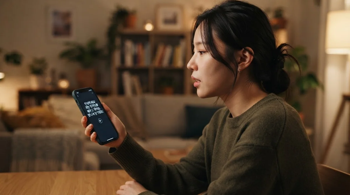 スマートフォンを見ながら音読練習をする学習者