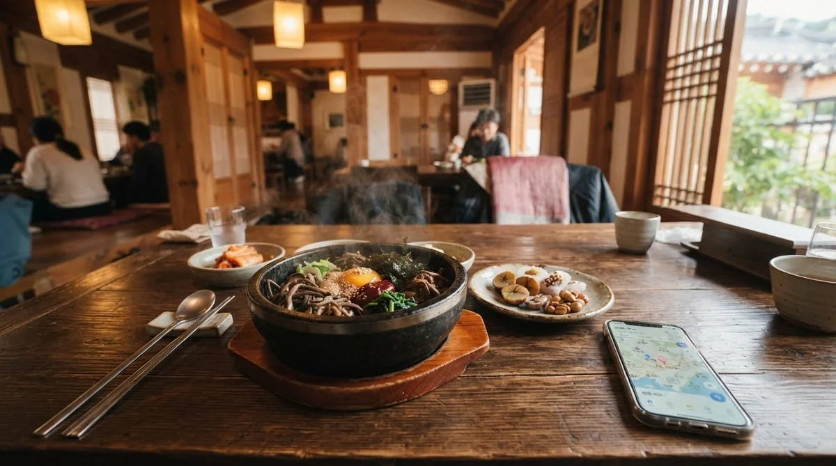 公州の伝統食堂で味わう野菜ビビンバと地元の栗菓子、韓国語ノート