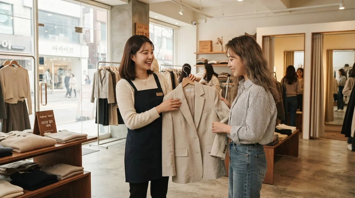 店員と試着や服についてコミュニケーションをとる様子