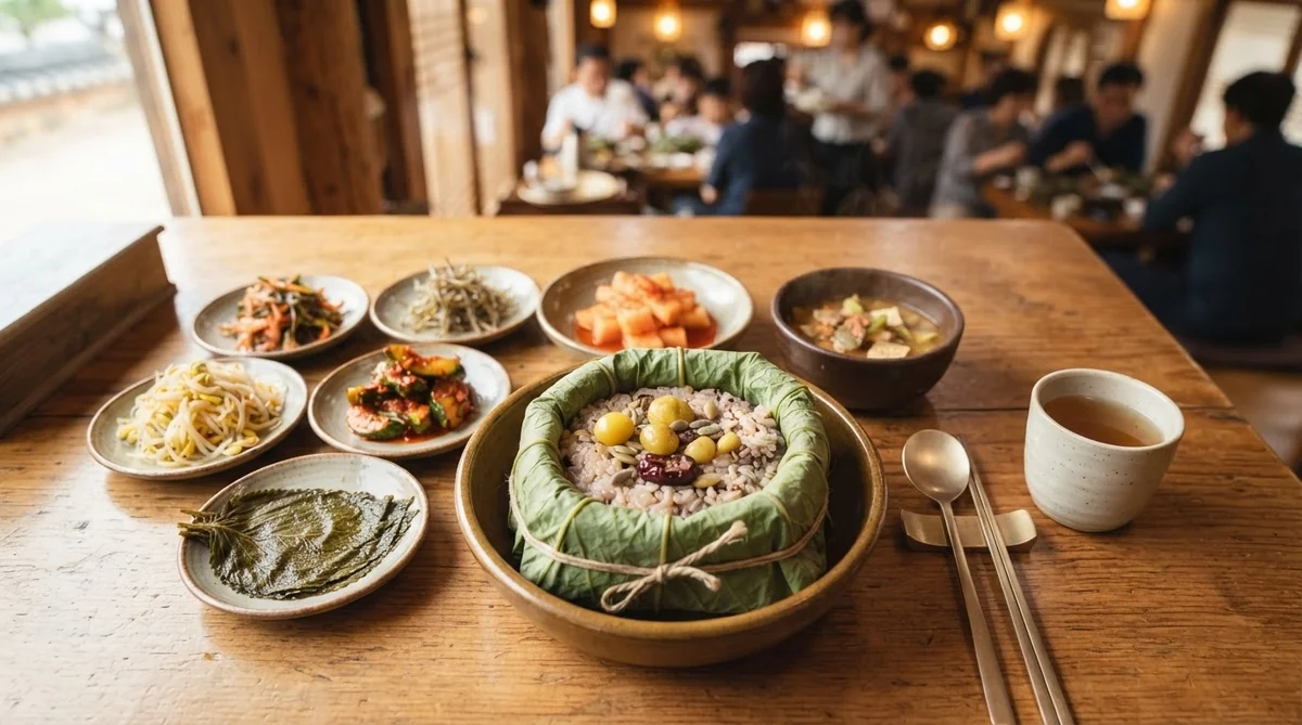 扶余の名物料理である伝統的な蓮の葉ご飯と彩り豊かな小皿料理