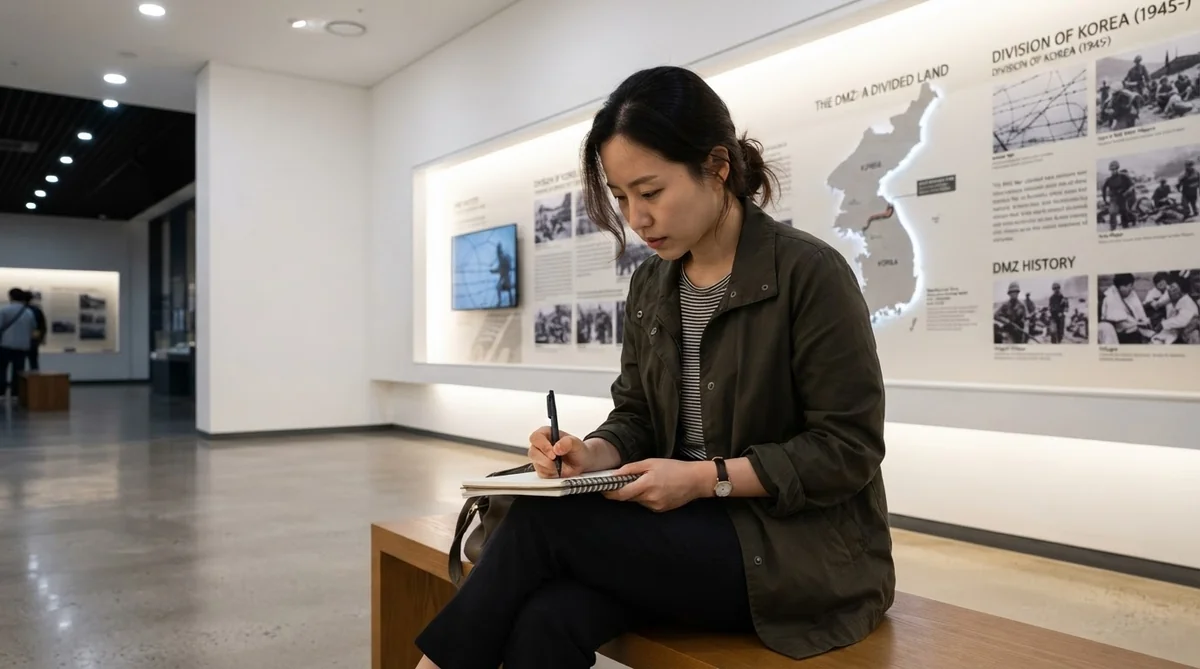 DMZ展示館の展示資料の前でノートにメモを取る学習者