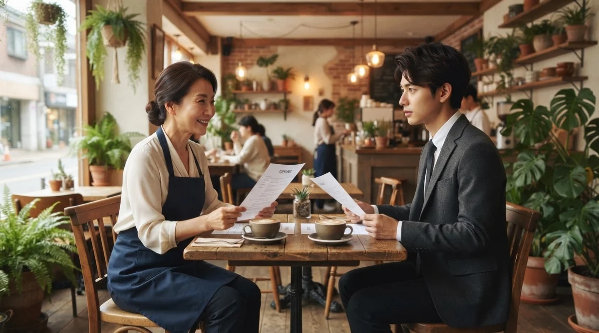 韓国の店舗で面接を受ける日本人求職者の様子