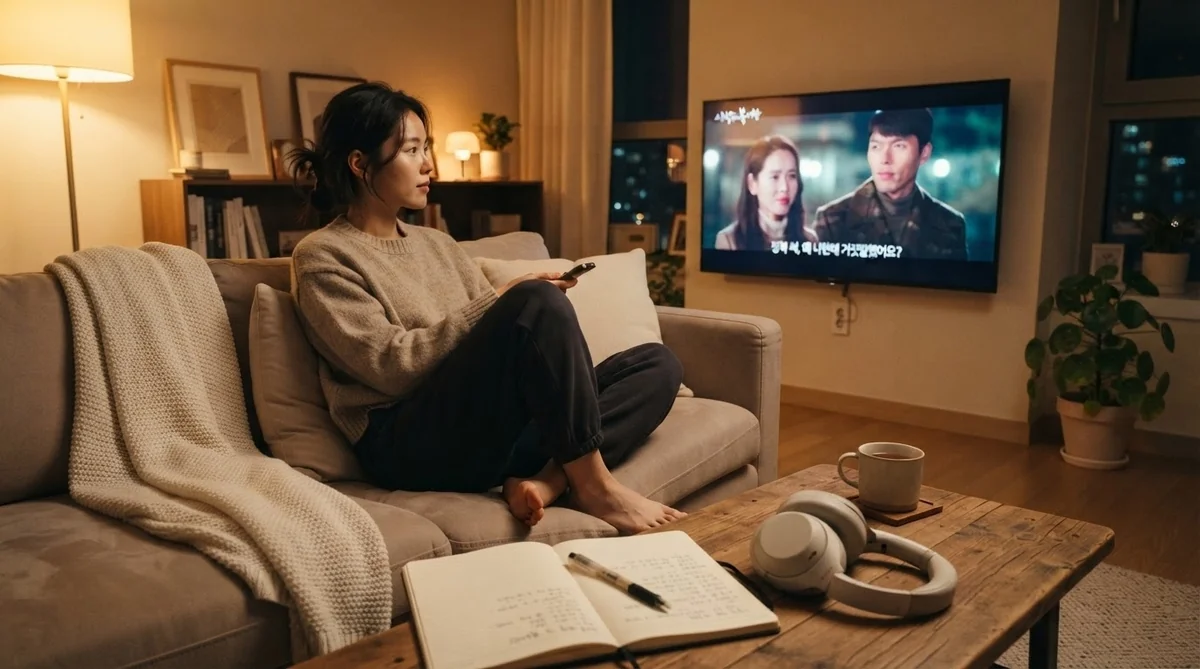 リビングで韓国語字幕付きのドラマをリラックスして視聴する様子