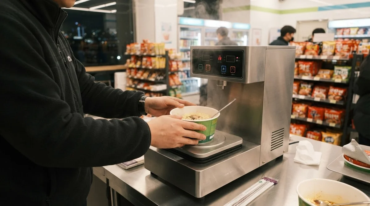 コンビニの自動調理器で出来上がる出来立ての漢江ラーメン