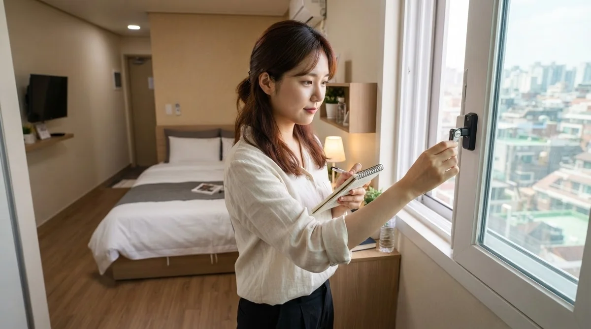 韓国のコシウォン部屋を内見しチェック項目を確認する日本人留学生