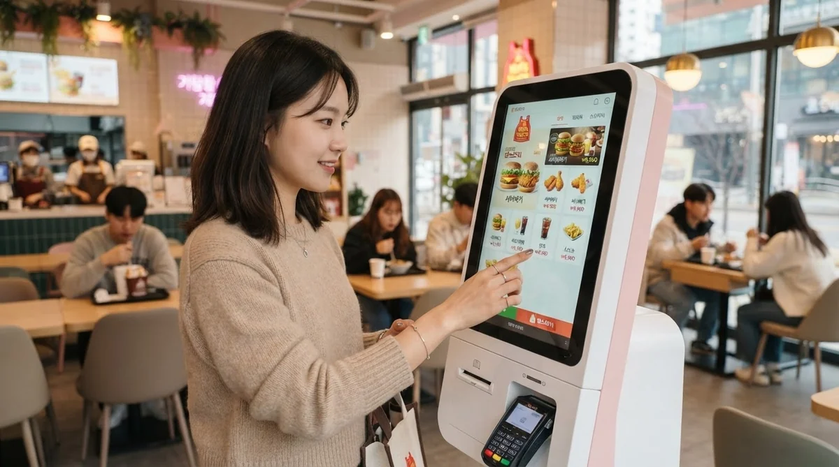 韓国のファストフード店に設置されているタッチパネル式注文端末（キオスク）を操作する様子