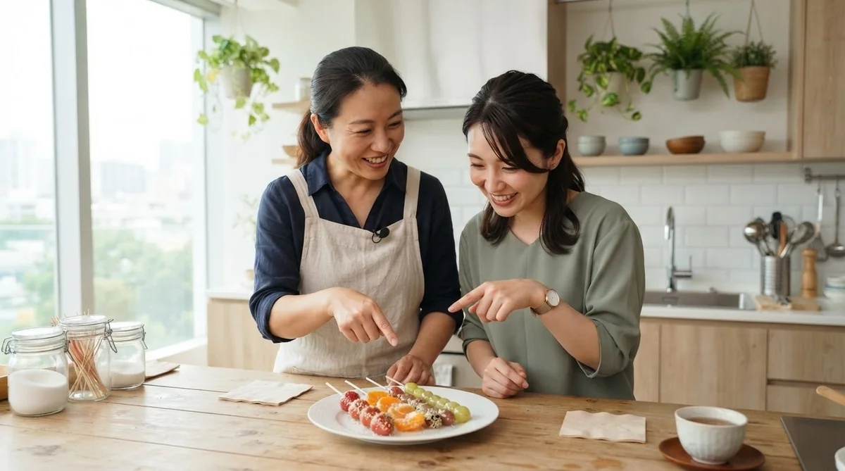 多種多様な果物飴を囲み会話を楽しむ語学学習の様子