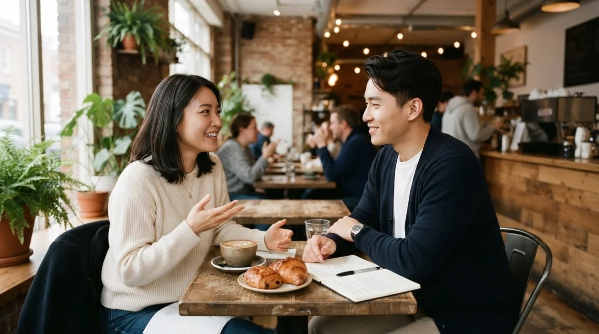 カフェで笑顔で親しく対話を楽しんでいる様子