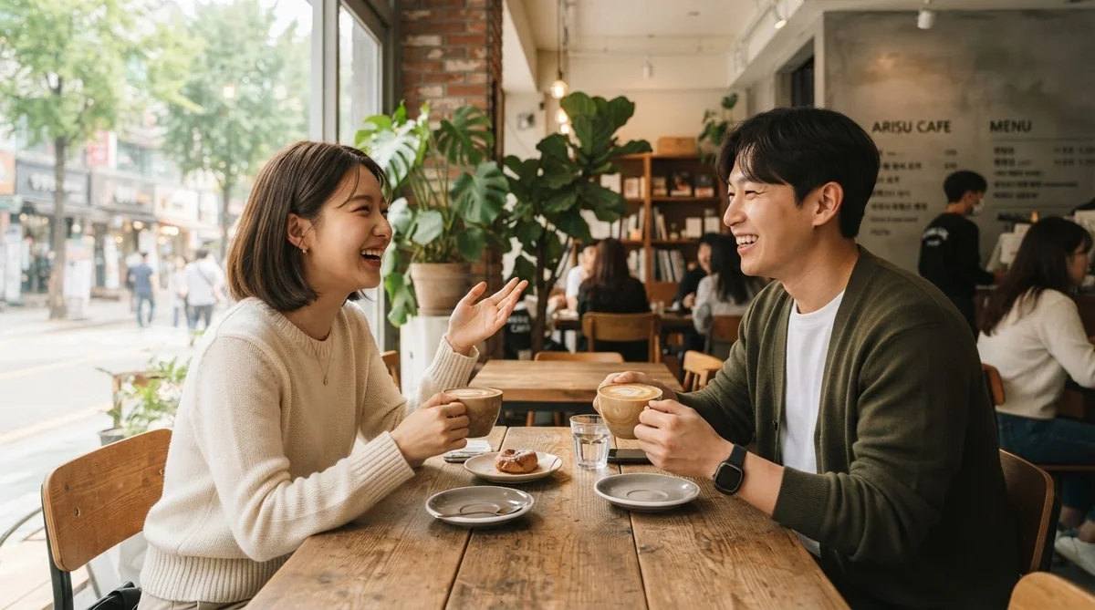 カフェで自然に会話を交わす韓国人の男女の風景