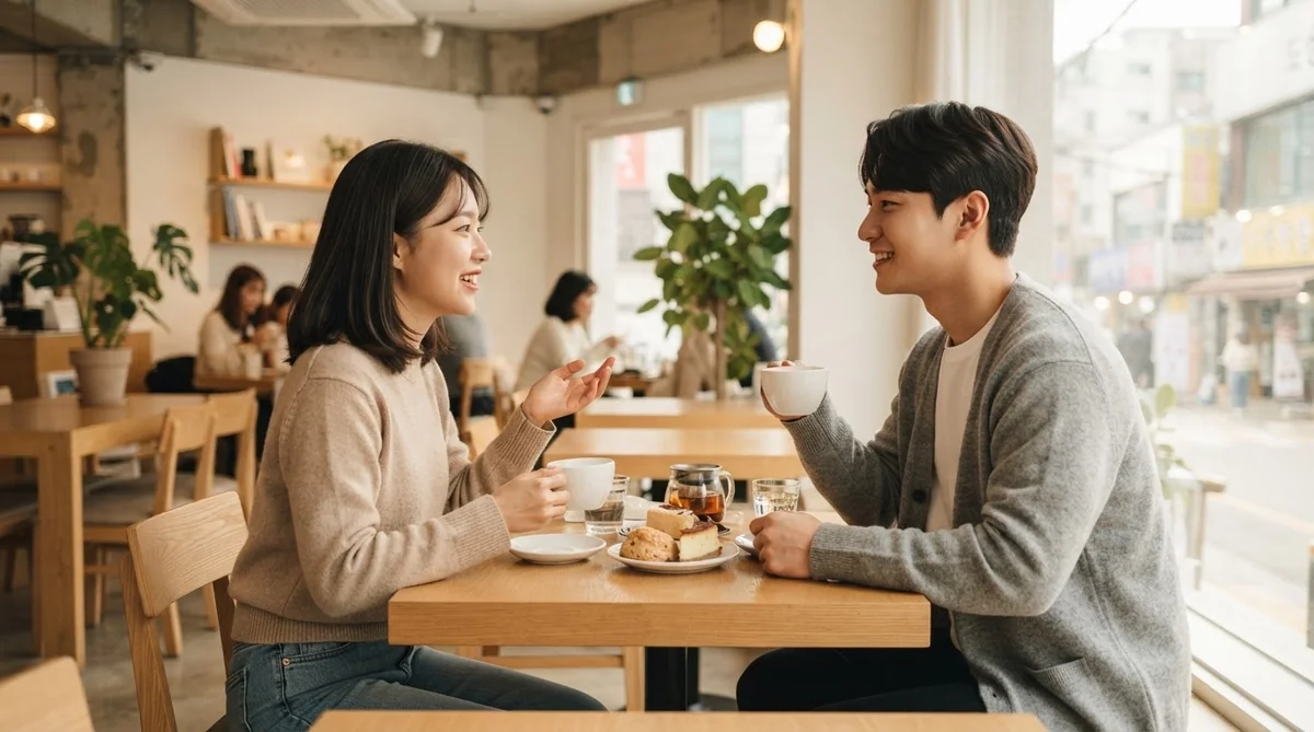 ソウルのカフェでお茶を飲みながら談笑する韓国人の男女