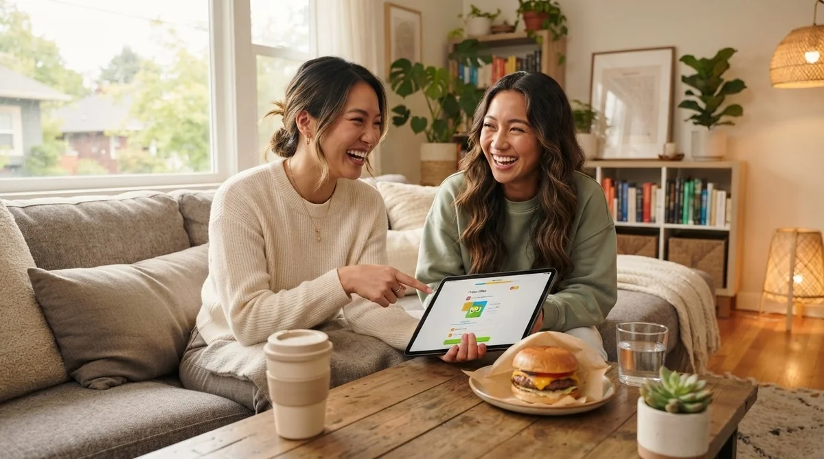 リビングでカフェメニューとタブレットを見ながら外来語の会話練習をする2人の様子