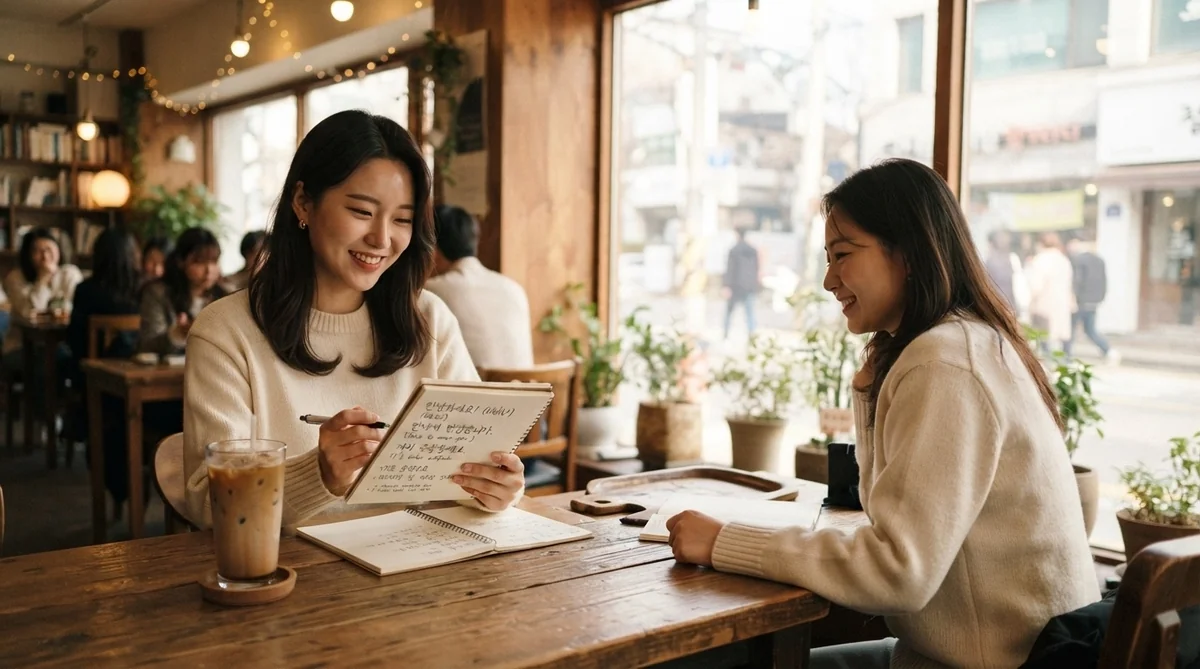 カフェで実践的な韓国語表現を練習する場面