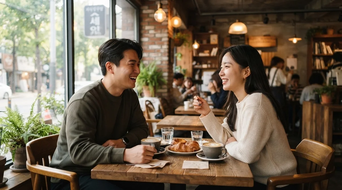 カフェで落ち着いて語り合う東アジア人の男女