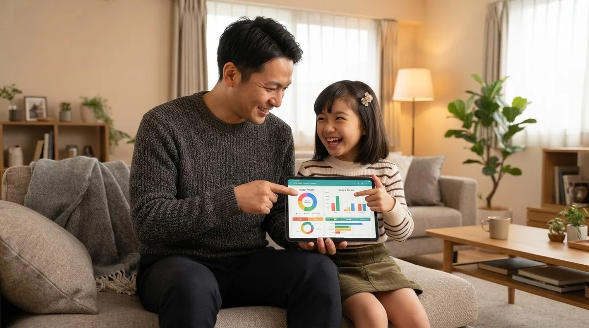 リビングルームで父親が娘と一緒にタブレットを使いながらお出かけの予算計画を話している様子