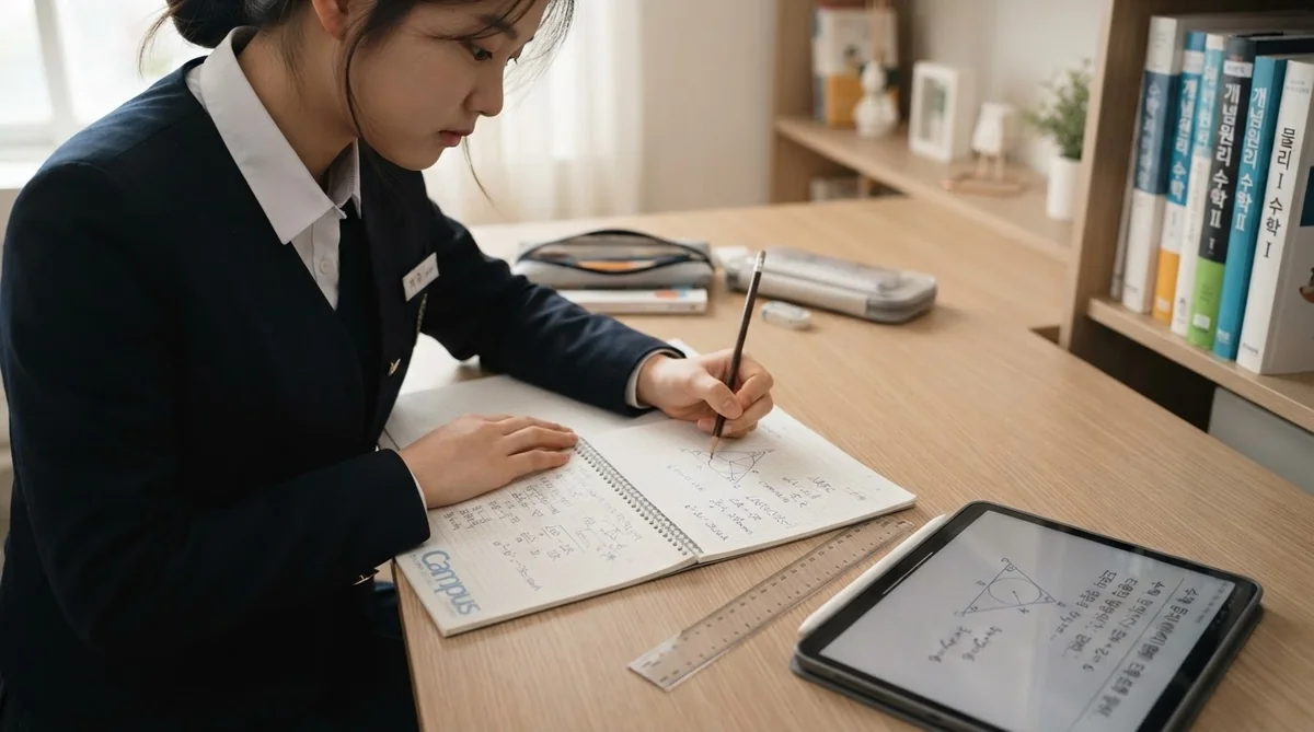 ノートに向かって論理的に数学の問題解決に取り組む手元とタブレット