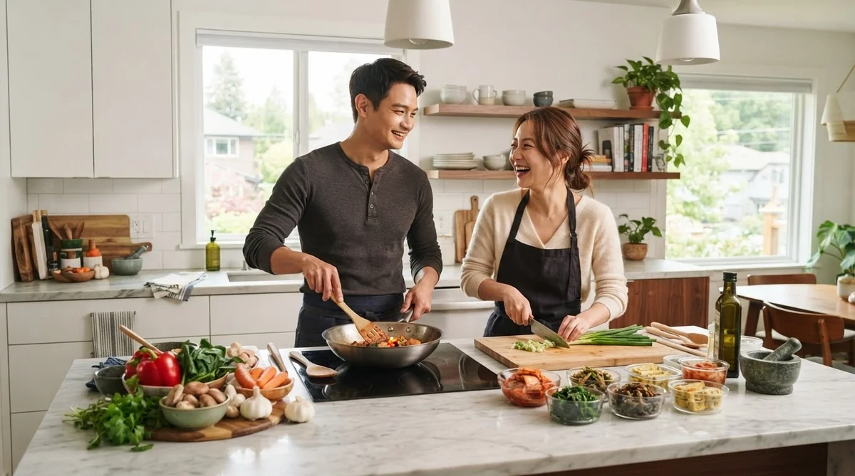 キッチンで笑顔で一緒に料理を作る若い夫婦の姿