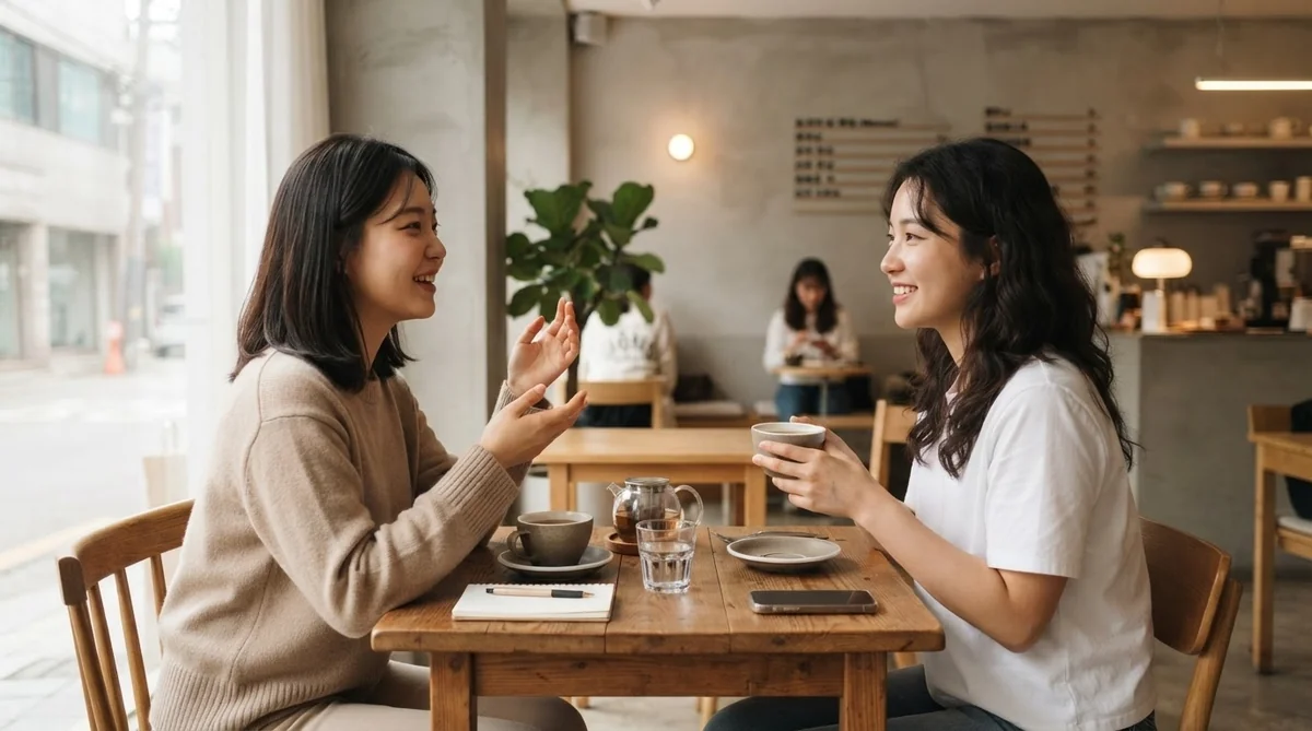 カフェで和やかに会話の練習をする2人の女性