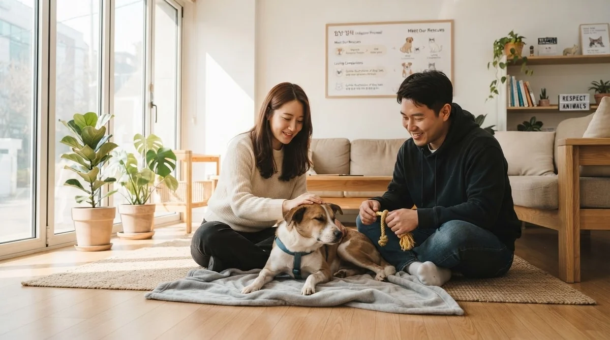 韓国の清潔な保護施設で保護犬と触れ合い新たな家族として迎える準備を進める様子