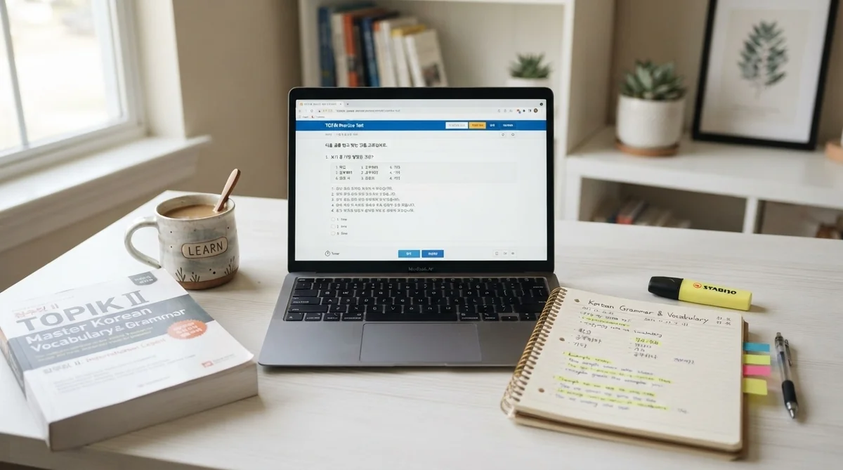 語学テキストやノートパソコンが整頓された机で勉強する様子