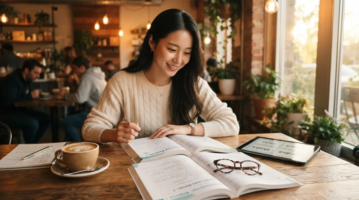 カフェでノートやタブレットを開いて韓国語を勉強する女性