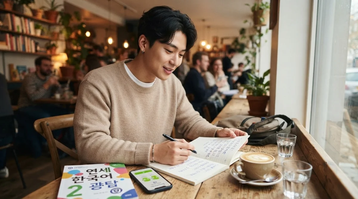 カフェで韓国語ノートを開き対話の練習を行う学習者の風景