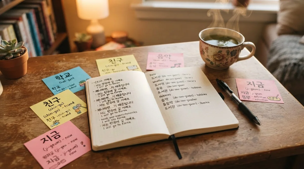 ハングルが整然と書かれたノートと勉強机の様子