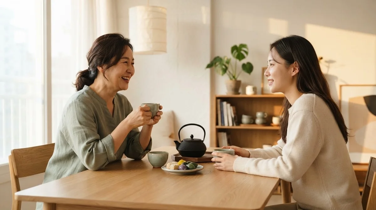 テーブルを挟んでお茶を飲みながら会話を交わす韓国人の親子